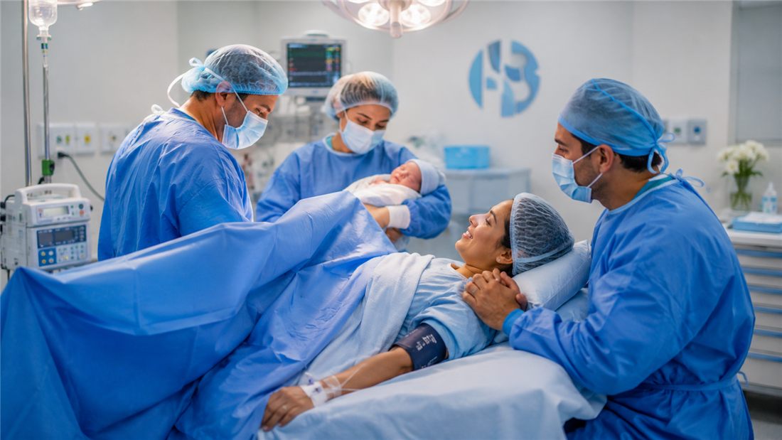 Equipo quirúrgico de Hospital Bravo con recién nacido tras una cesárea
